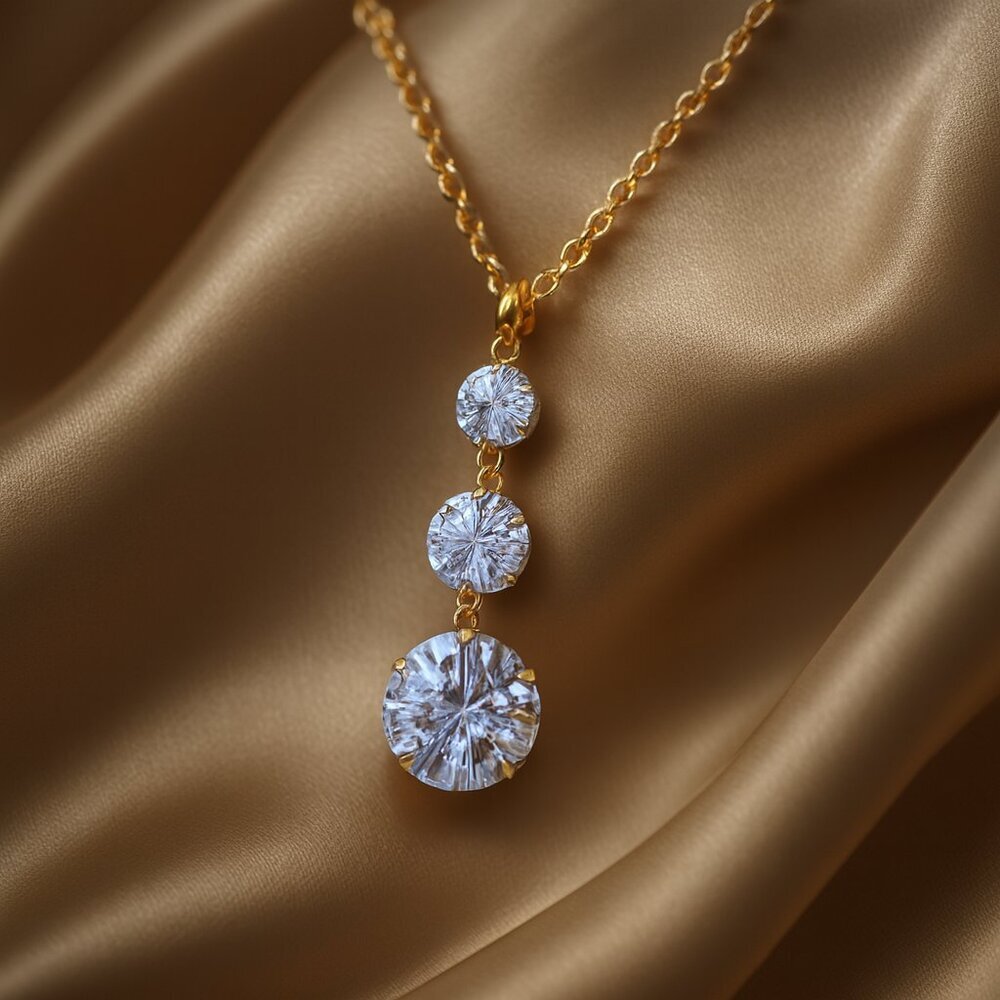 Elegant Gold Necklace – Three Stone Cubic Zirconia Pendant - Luxury Jewelry